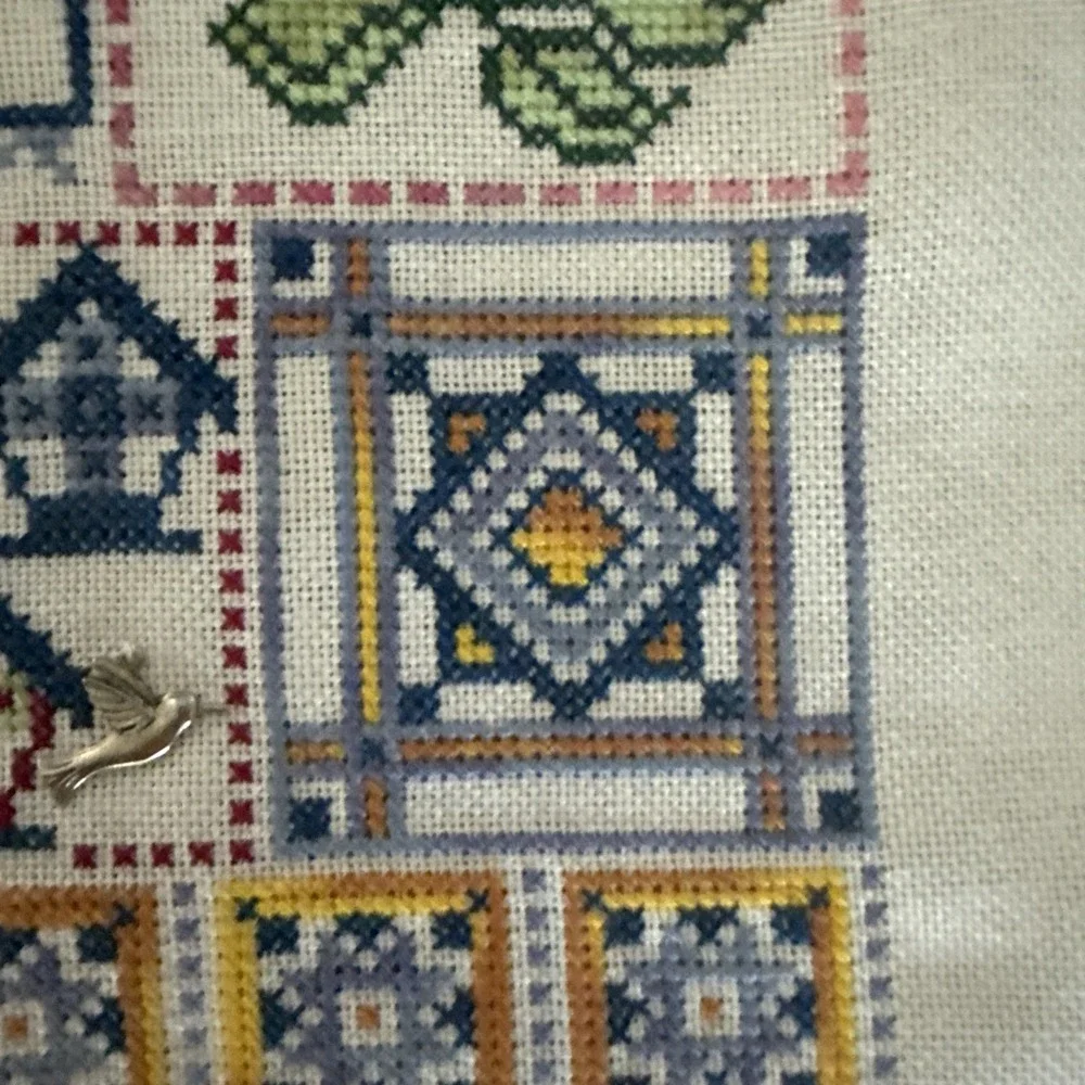 Vtg Completed Cross Stitch Quilt Style 13x9 Granny Core‎ Bird House Floral